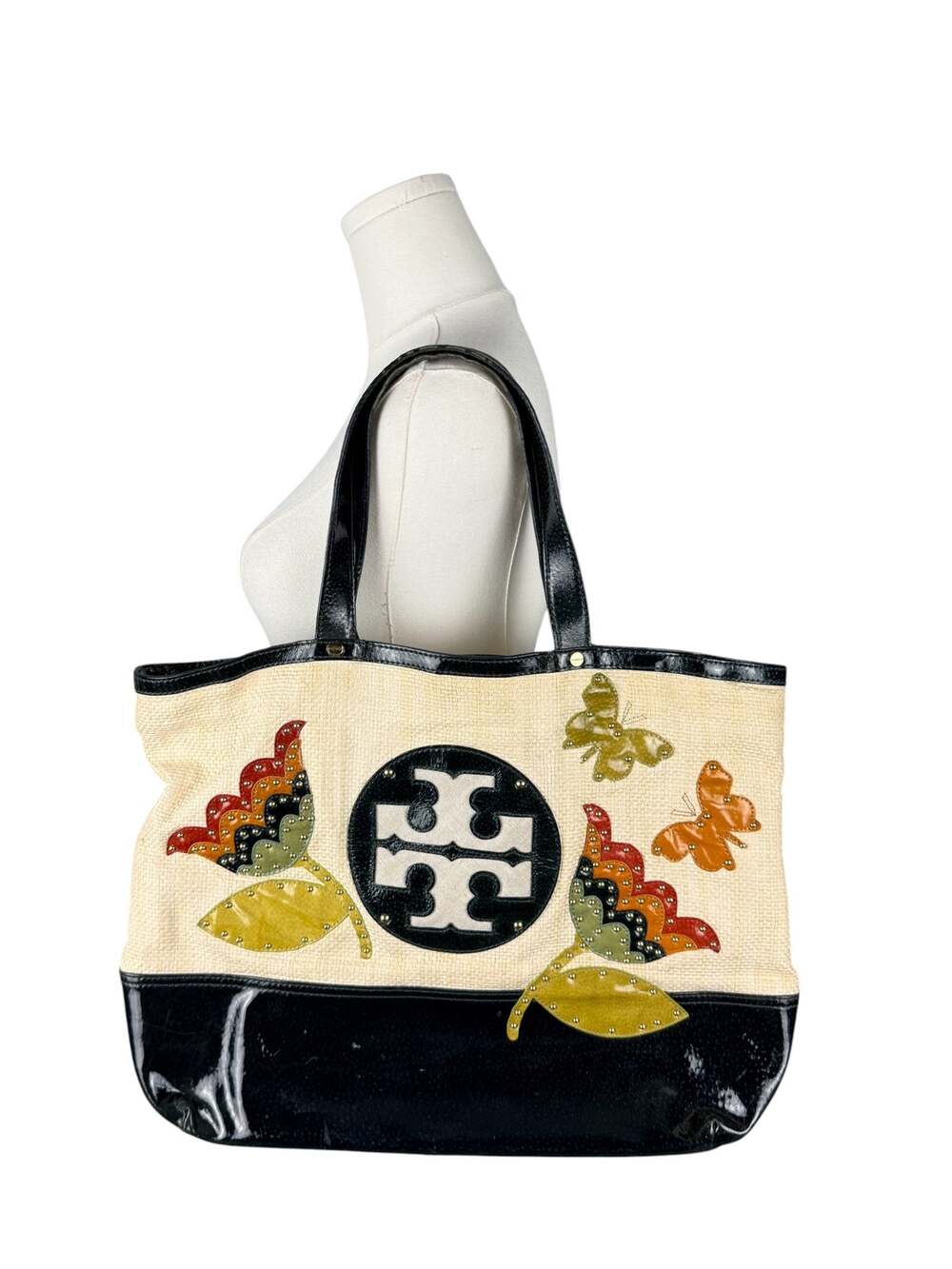 Tory Burch Cream Woven Suede Lined Cottage Floral Patchwork Large Tote Bag